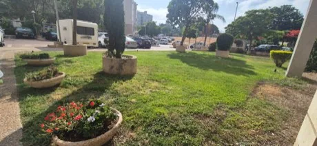 מדשאה וערוגות בחצר המשותפת אחרי כיסוח וטיפוח