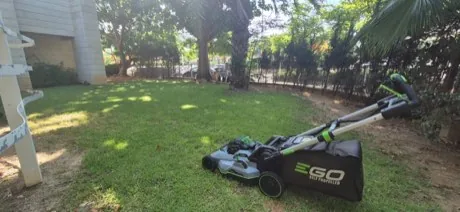 מכסחת דשא חשמלית על המדשאה בחצר הבית המשותף