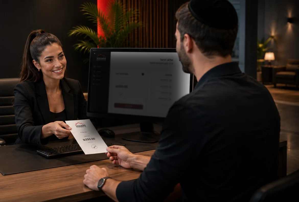 נציגת SQUARE מוסרת לדייר קבלה על תשלום דמי ועד